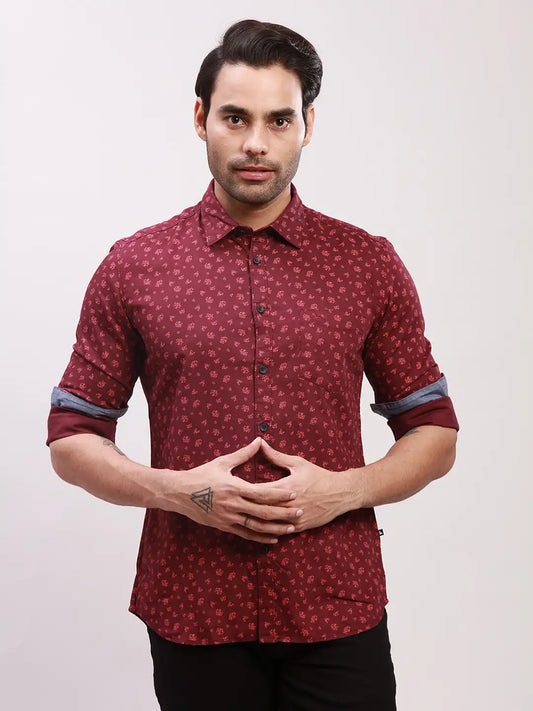 Parx Men Blue Print Slim Fit Cotton Full Sleeve Shirts