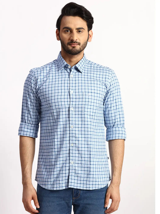 Men Blue Slim Fit Checks  Cotton Full Sleeve Cutaway Collar Shirts