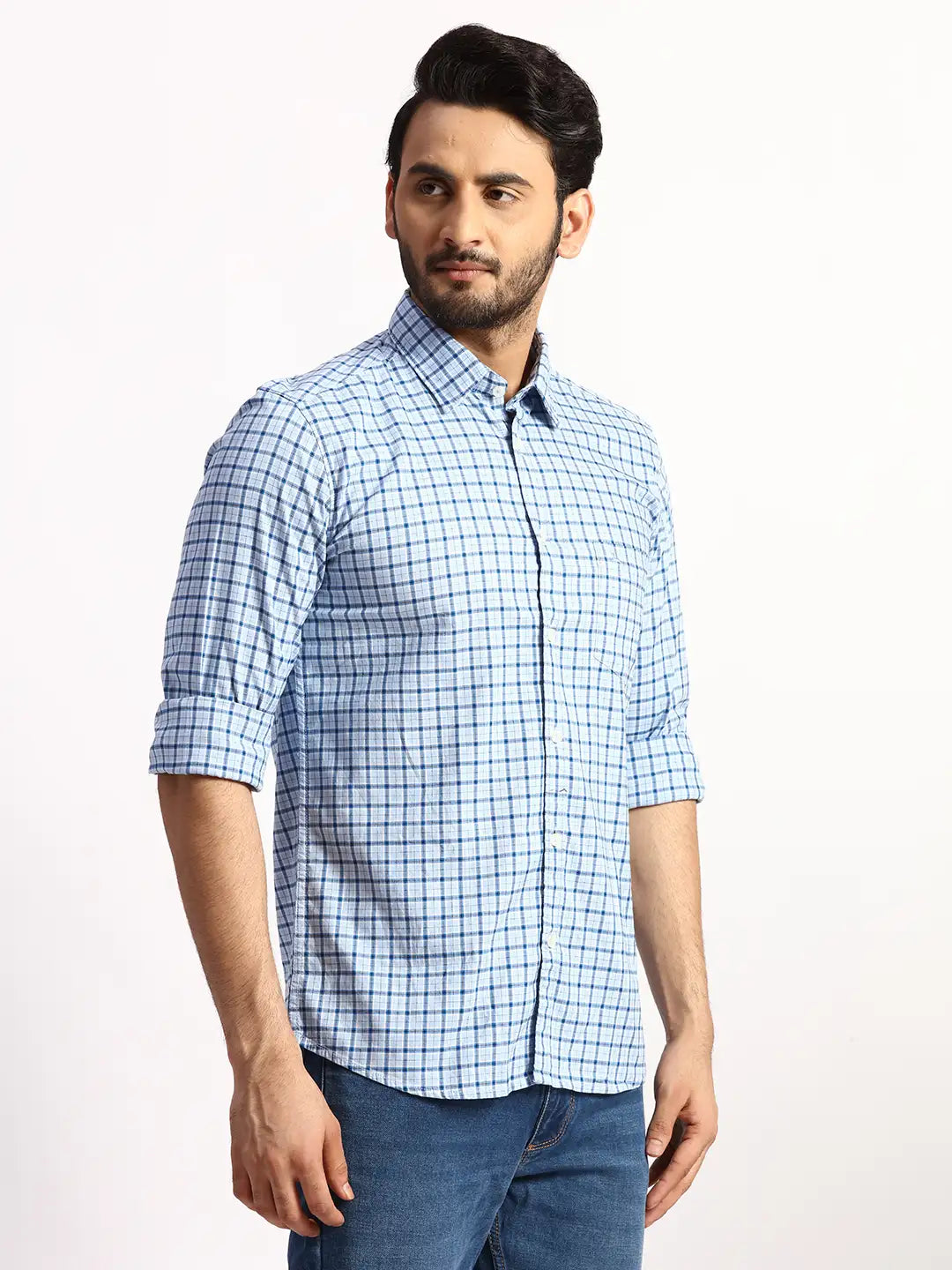 Men Blue Slim Fit Checks  Cotton Full Sleeve Cutaway Collar Shirts