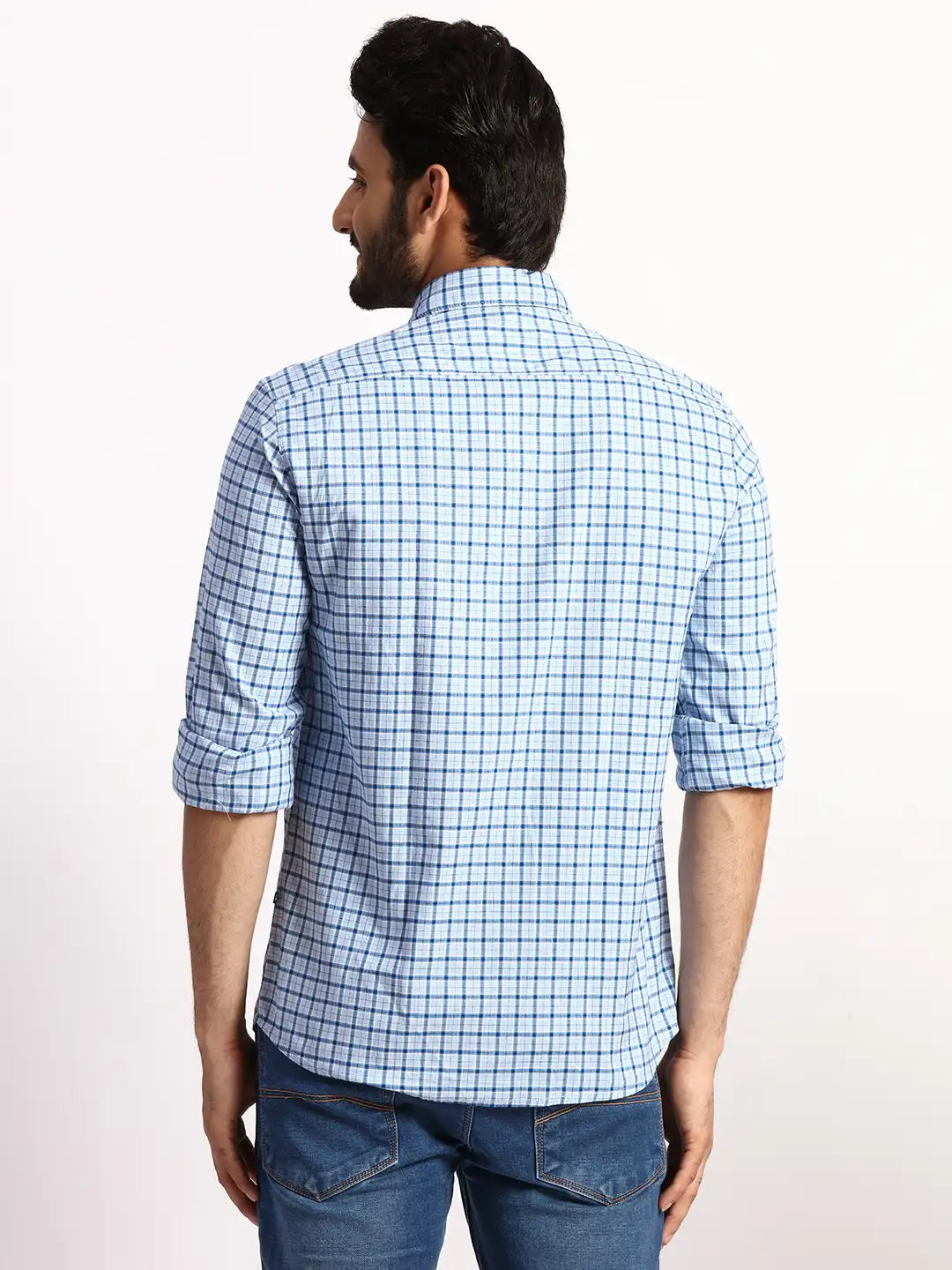 Men Blue Slim Fit Checks  Cotton Full Sleeve Cutaway Collar Shirts