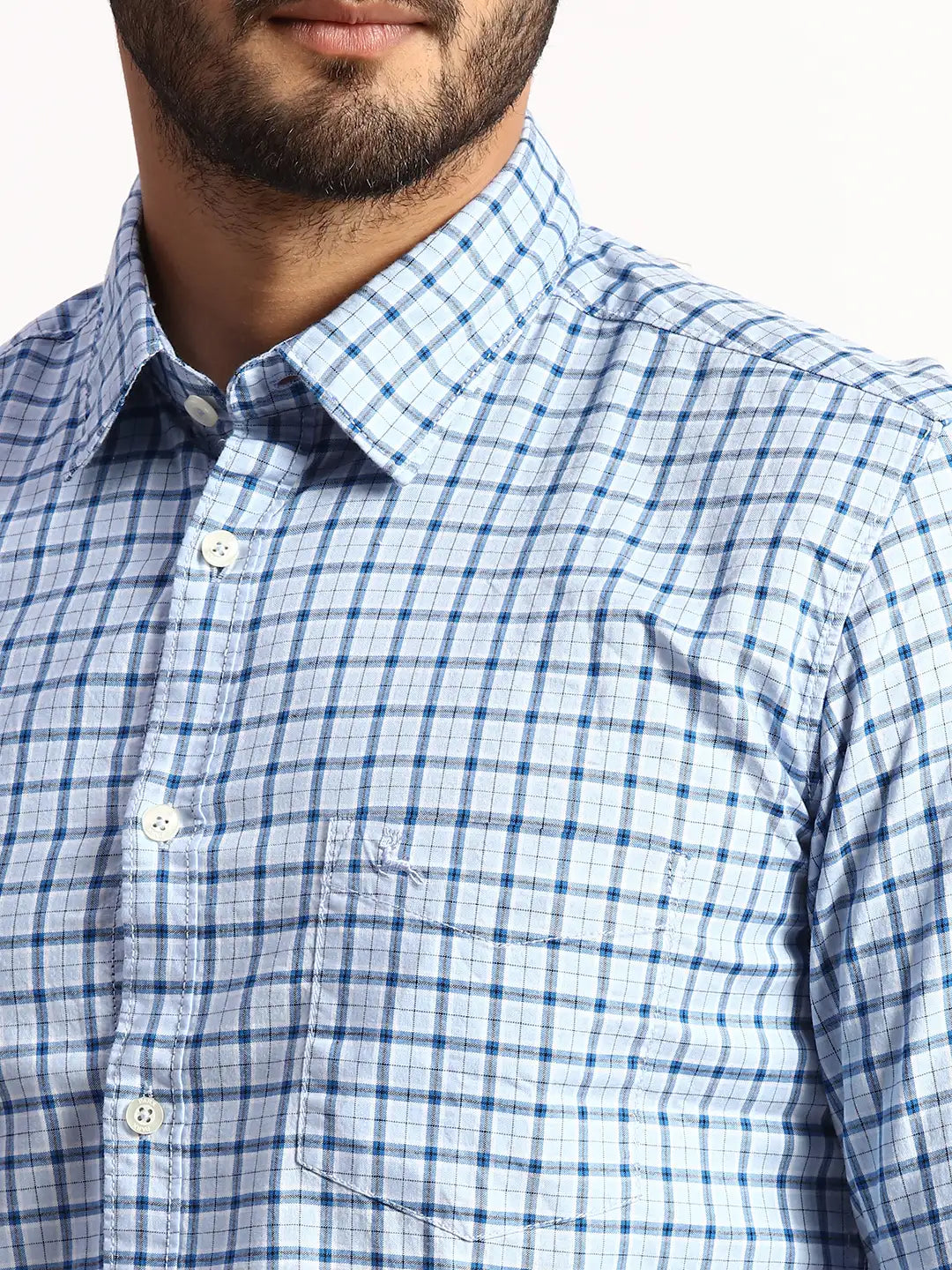 Men Blue Slim Fit Checks  Cotton Full Sleeve Cutaway Collar Shirts