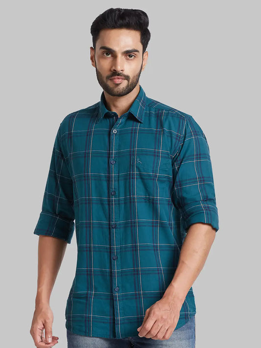 Men Green Slim Fit Checks  Cotton Full Sleeve Cutaway Collar Shirts