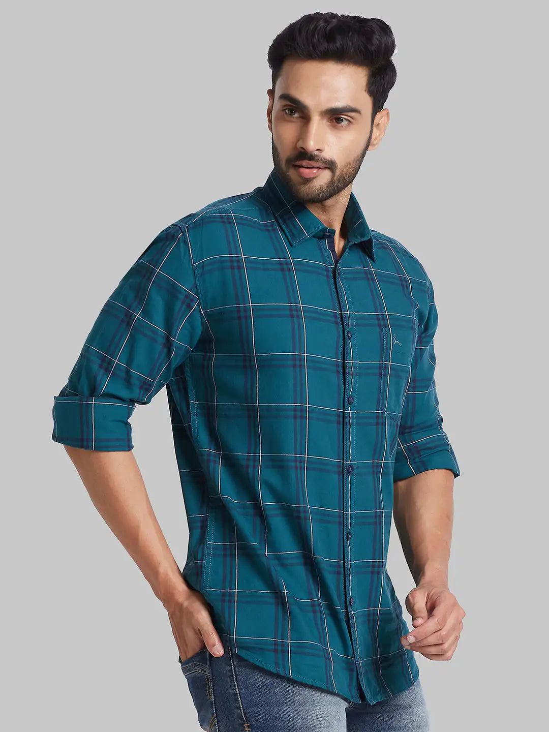 Men Green Slim Fit Checks  Cotton Full Sleeve Cutaway Collar Shirts