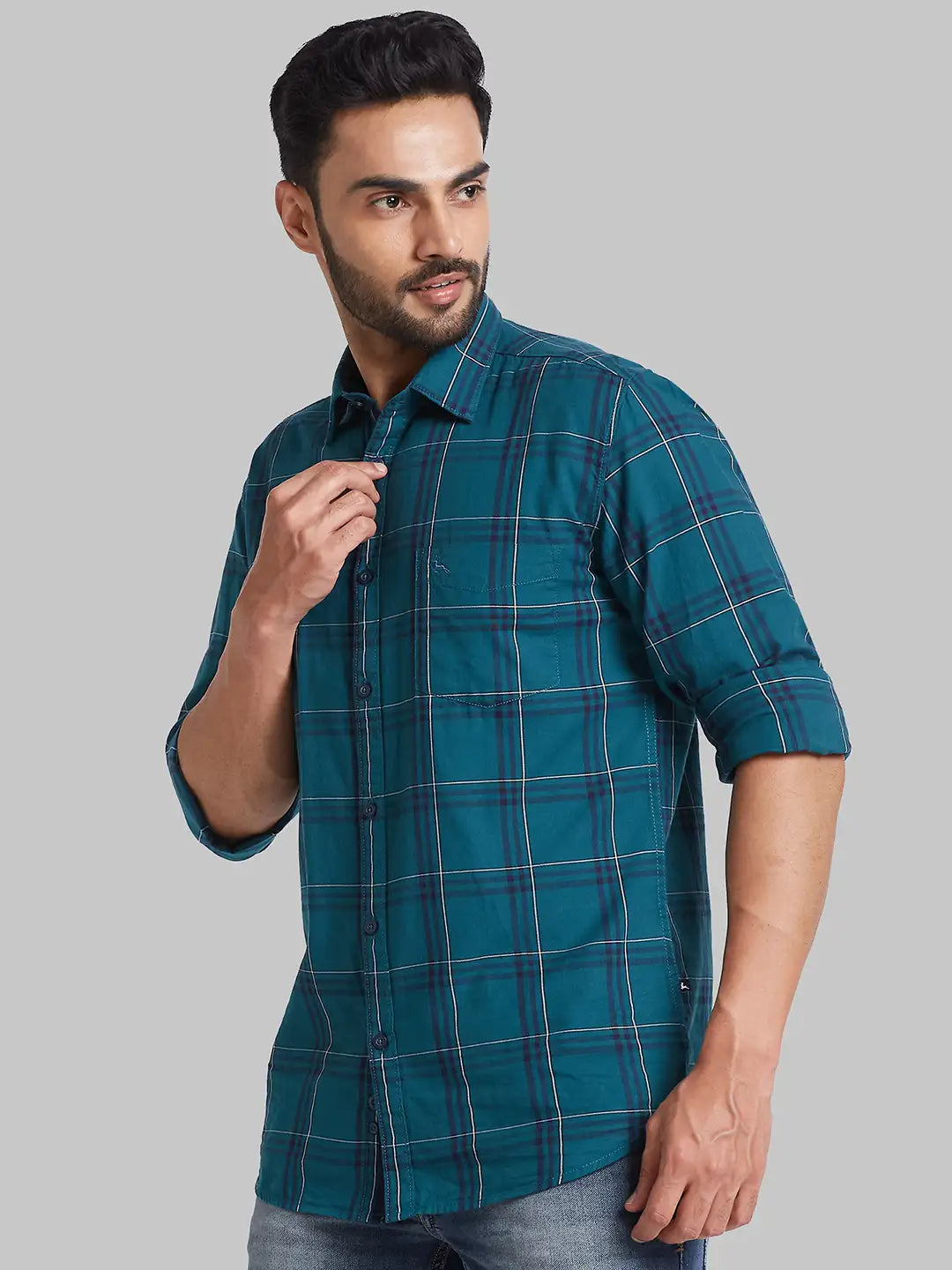 Men Green Slim Fit Checks  Cotton Full Sleeve Cutaway Collar Shirts