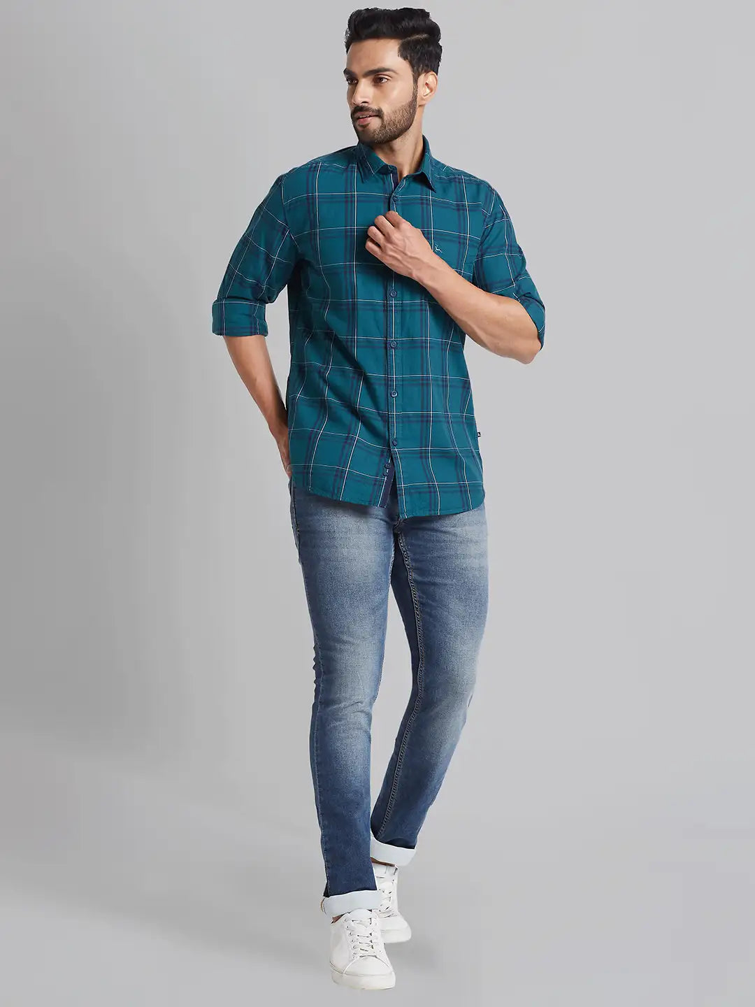 Men Green Slim Fit Checks  Cotton Full Sleeve Cutaway Collar Shirts