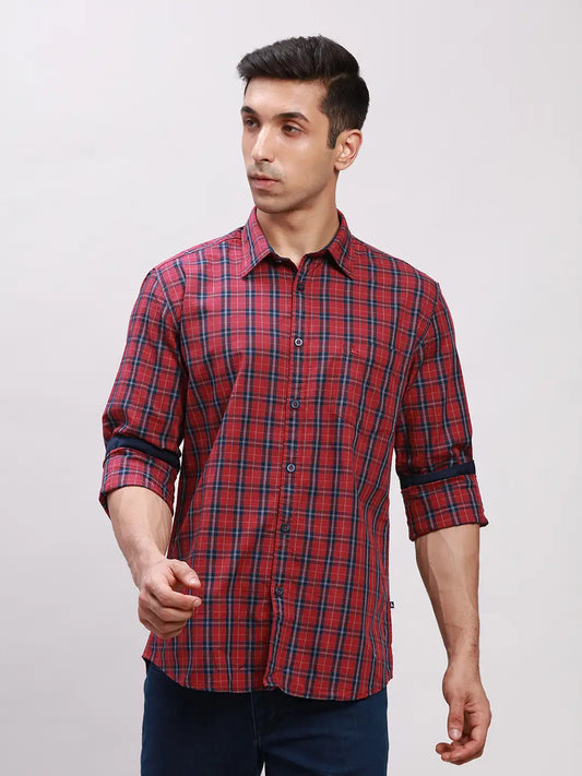Parx Men Green Checks Slim Fit Cotton Full Sleeve Cut Away Collar Shirt