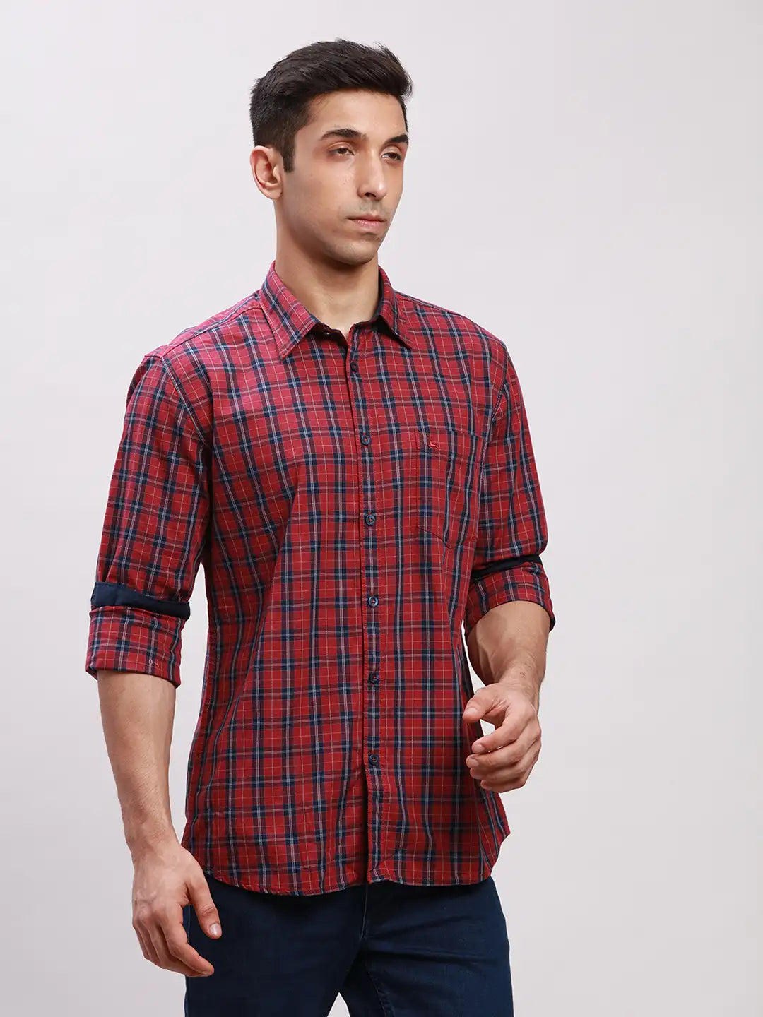 Parx Men Green Checks Slim Fit Cotton Full Sleeve Cut Away Collar Shirt