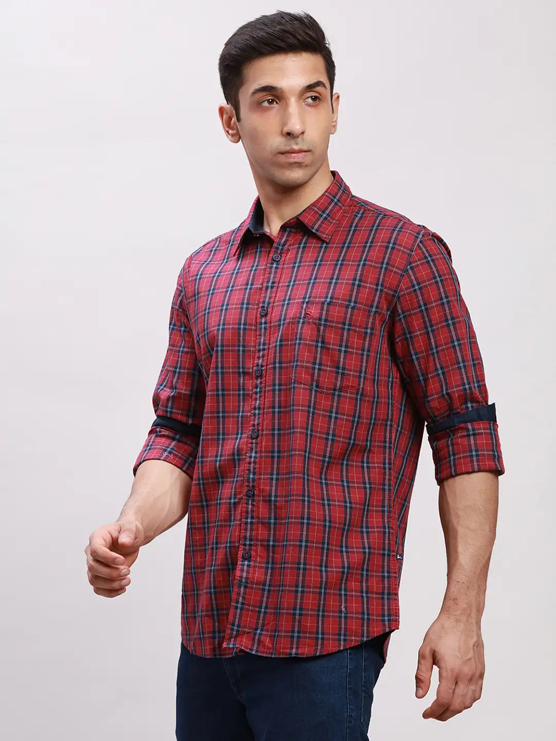 Parx Men Green Checks Slim Fit Cotton Full Sleeve Cut Away Collar Shirt