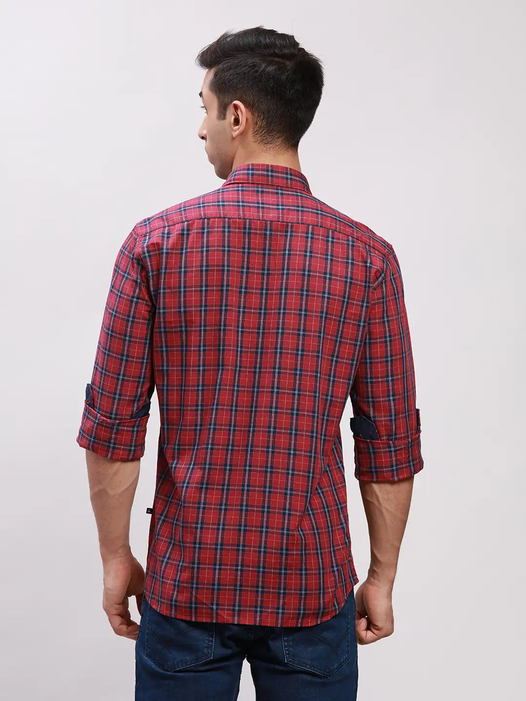 Parx Men Green Checks Slim Fit Cotton Full Sleeve Cut Away Collar Shirt