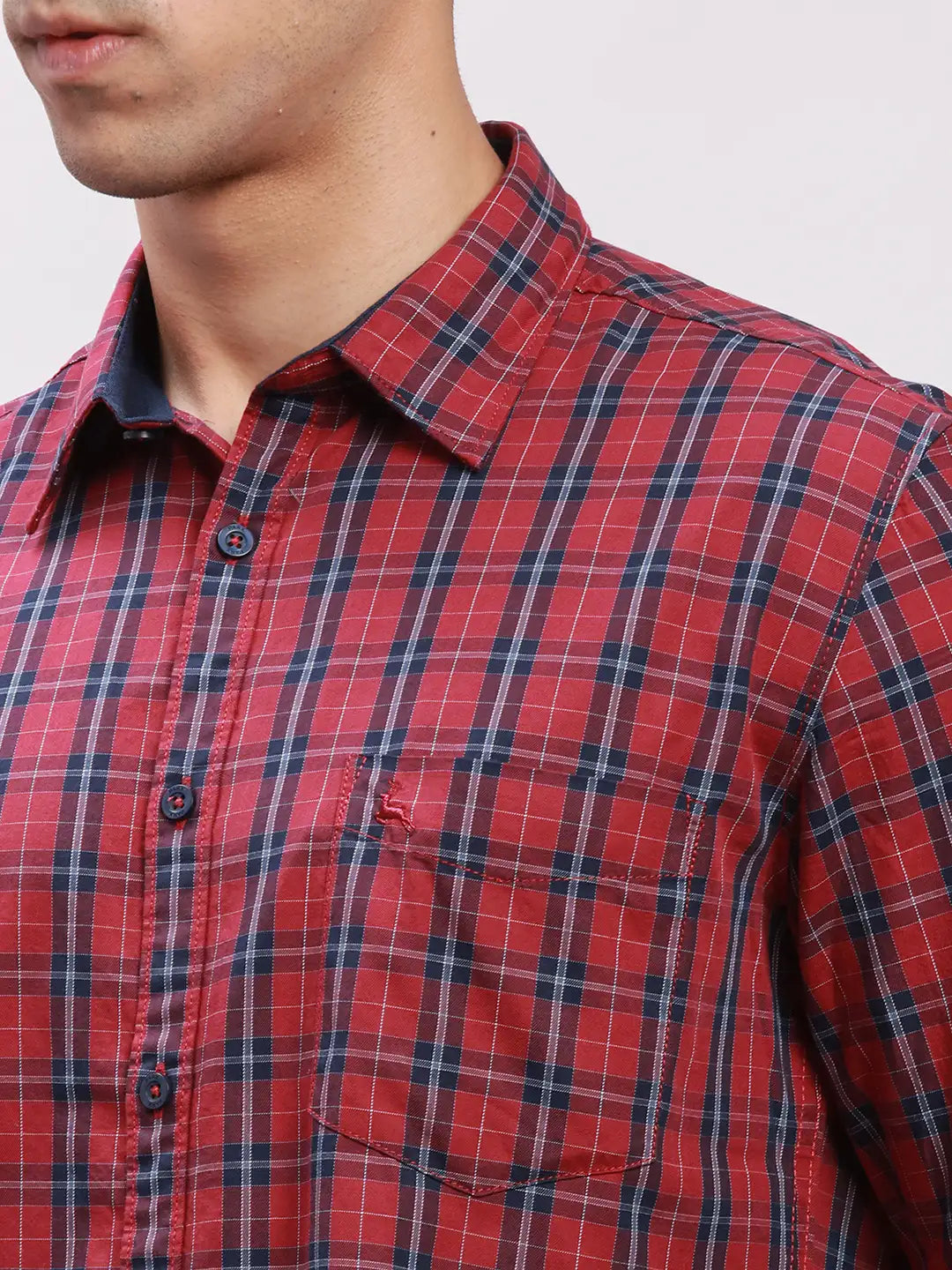 Parx Men Green Checks Slim Fit Cotton Full Sleeve Cut Away Collar Shirt