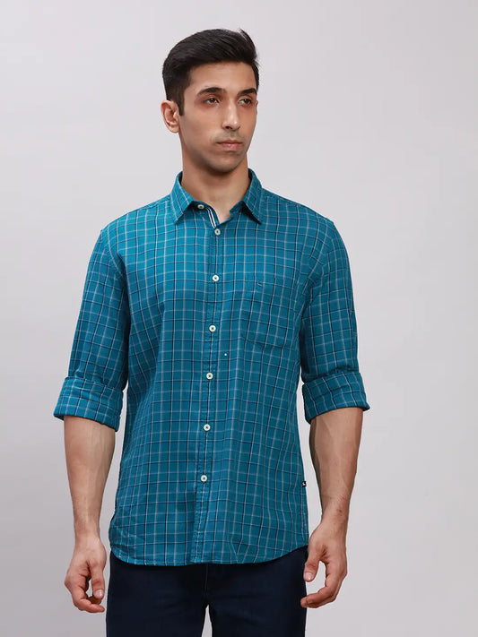 Parx Men Blue Printed Slim Fit Cotton Full Sleeve Cut Away Collar Shirt