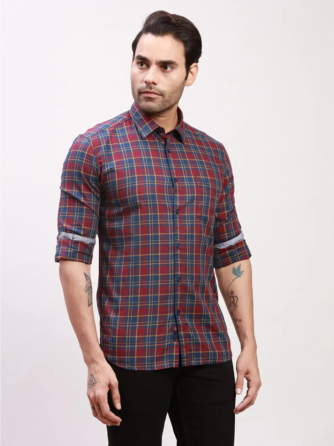 Parx Men Green Checks Slim Fit Cotton Full Sleeve Shirts