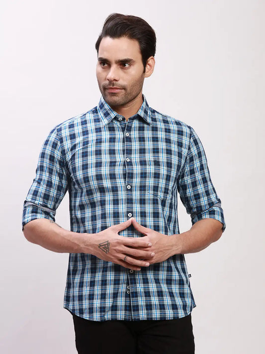 Parx Men Petrol Checks Slim Fit Cotton Full Sleeve Shirts