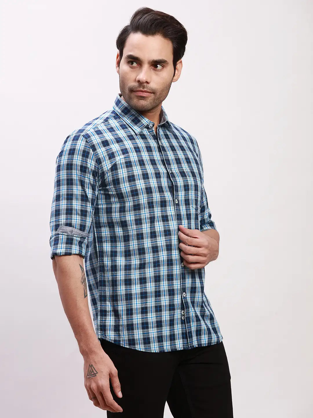 Parx Men Petrol Checks Slim Fit Cotton Full Sleeve Shirts