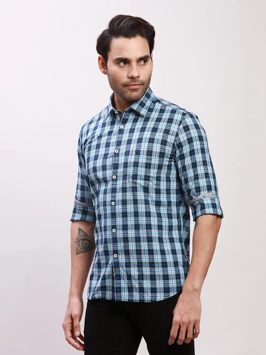 Parx Men Petrol Checks Slim Fit Cotton Full Sleeve Shirts