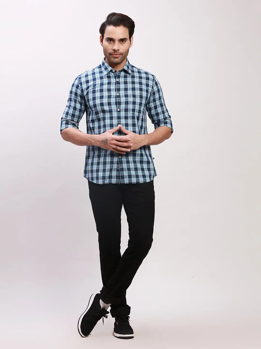 Parx Men Petrol Checks Slim Fit Cotton Full Sleeve Shirts