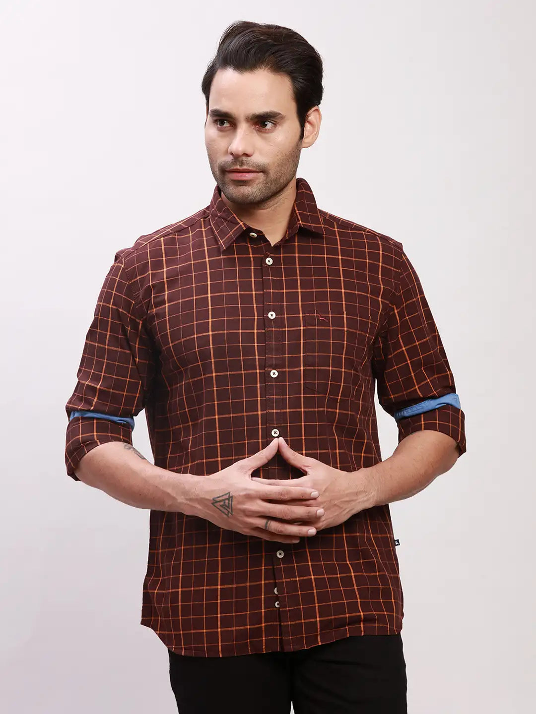 Parx Men Grey Checks Slim Fit Cotton Full Sleeve Shirts
