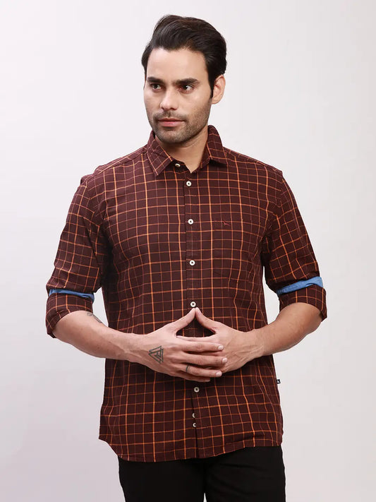 Parx Men Grey Checks Slim Fit Cotton Full Sleeve Shirts