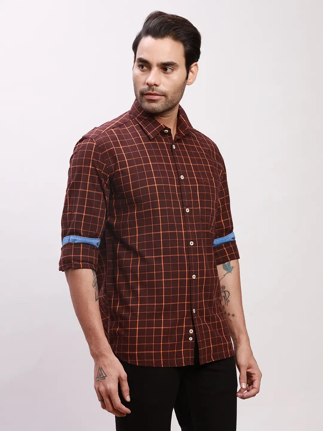 Parx Men Grey Checks Slim Fit Cotton Full Sleeve Shirts