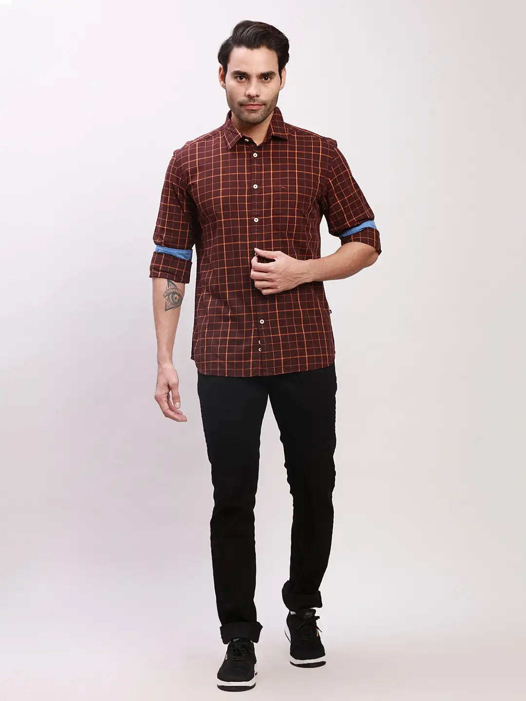 Parx Men Grey Checks Slim Fit Cotton Full Sleeve Shirts
