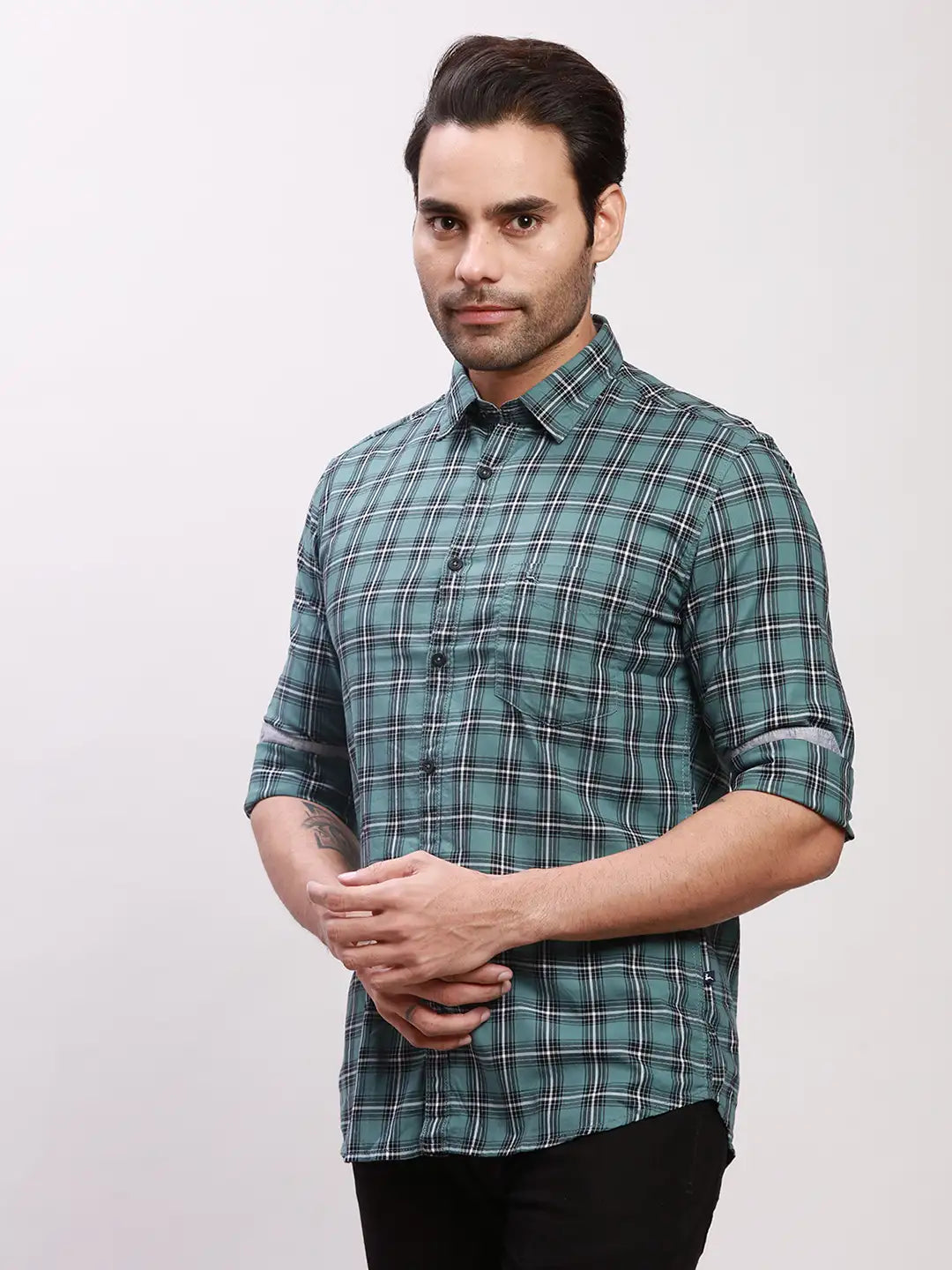 Parx Men Black Checks Slim Fit Cotton Full Sleeve Shirts