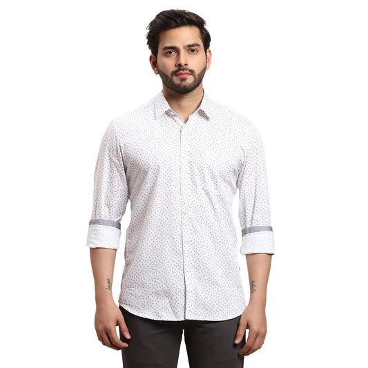 Men Green Slim Fit Print Cotton Full Sleeves Cutaway Collar Shirts