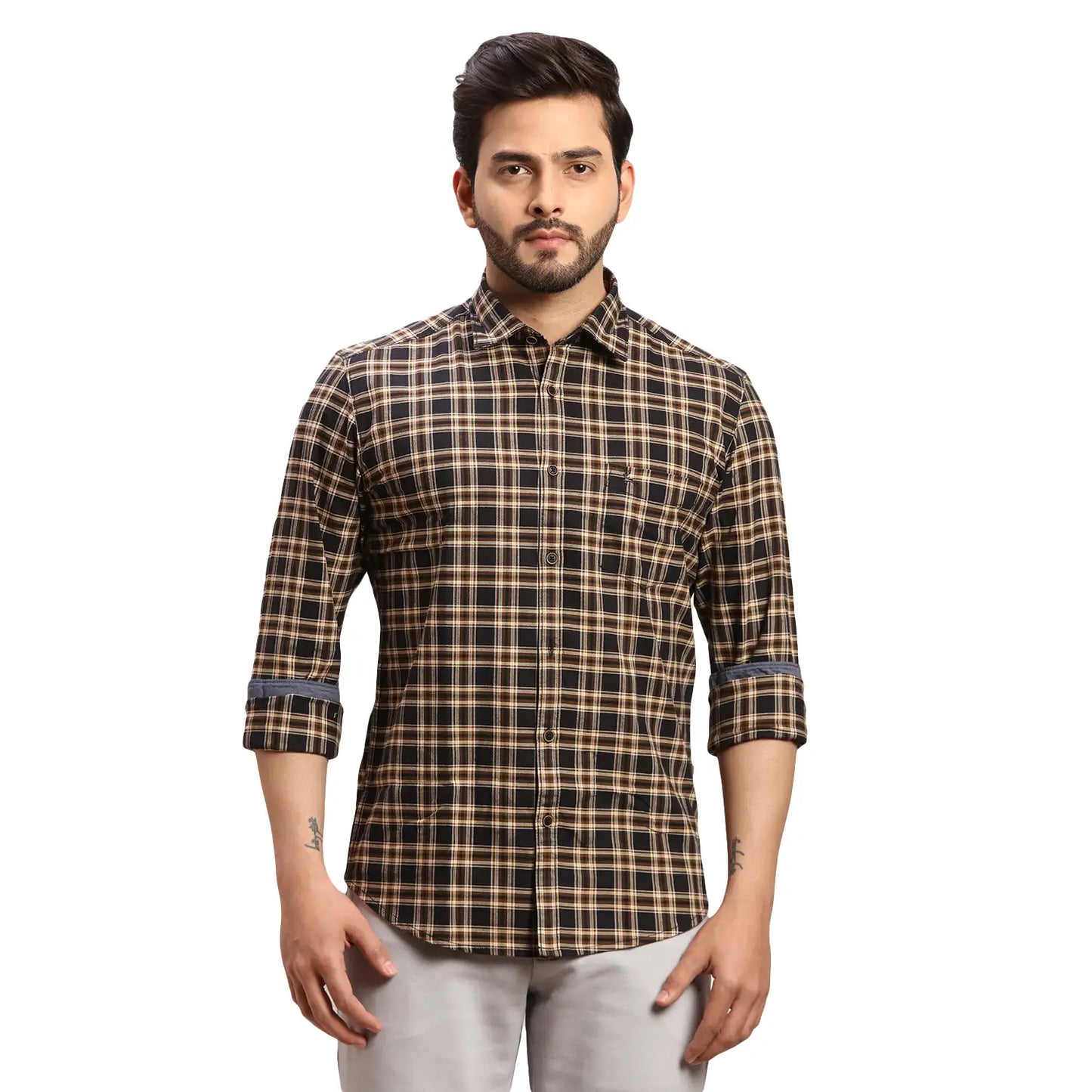 Men Fawn Slim Fit Checks Cotton Full Sleeves Cutaway Collar Shirts