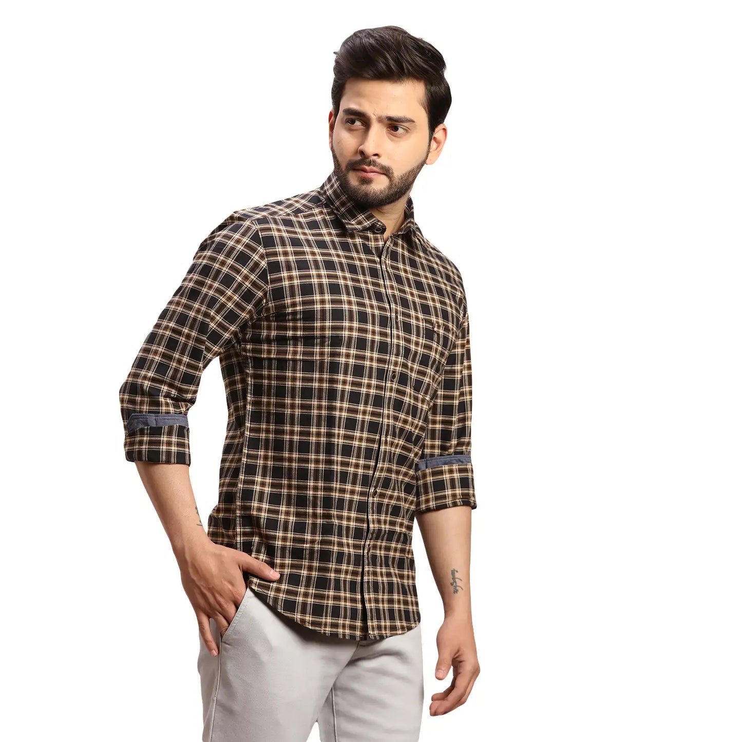 Men Fawn Slim Fit Checks Cotton Full Sleeves Cutaway Collar Shirts