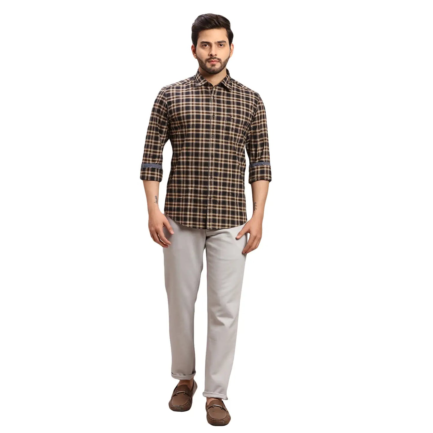 Men Fawn Slim Fit Checks Cotton Full Sleeves Cutaway Collar Shirts