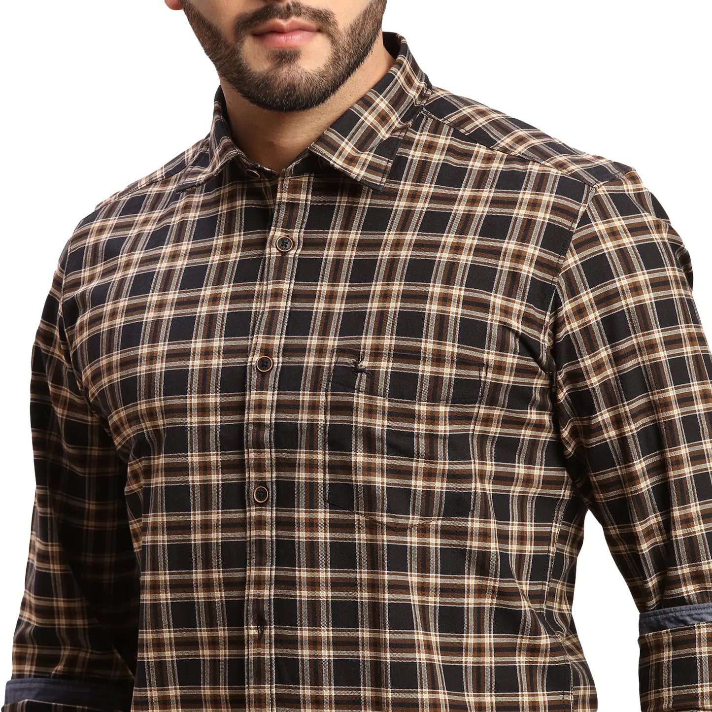 Men Fawn Slim Fit Checks Cotton Full Sleeves Cutaway Collar Shirts