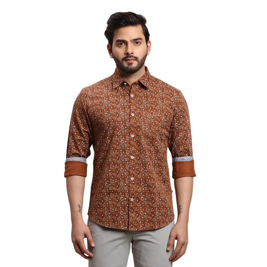 Men Green Slim Fit Print Cotton Full Sleeves Cutaway Collar Shirts