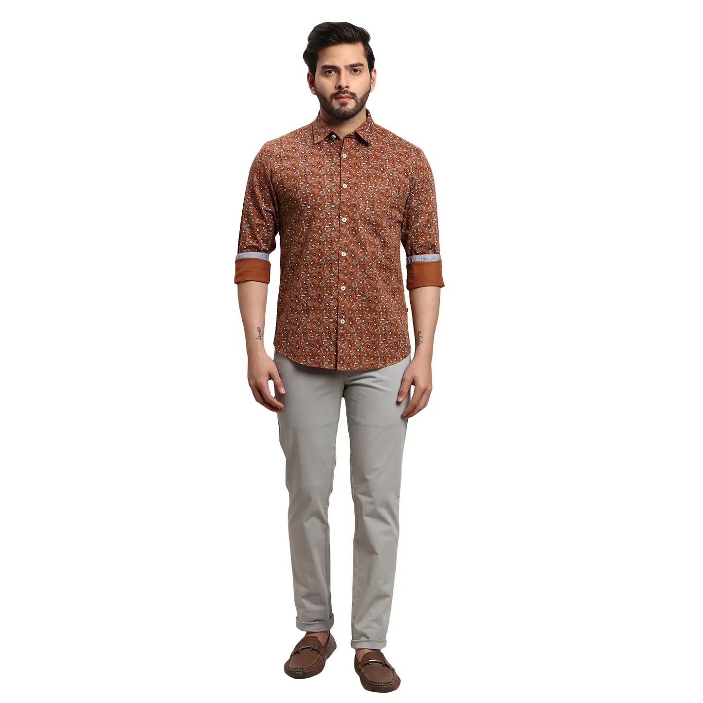 Men Green Slim Fit Print Cotton Full Sleeves Cutaway Collar Shirts