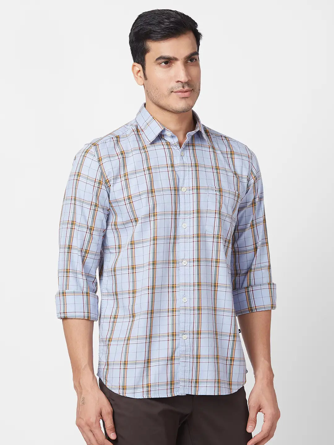 Parx Men Fawn Checks Slim Fit Cotton Full Sleeve Cutaway Collar Shirt