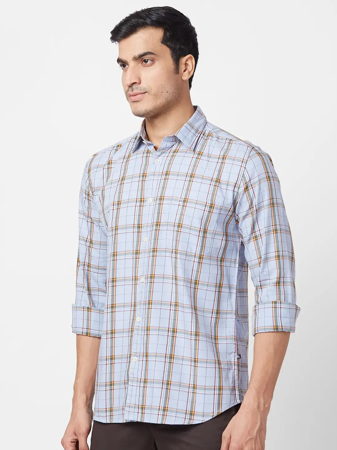 Parx Men Fawn Checks Slim Fit Cotton Full Sleeve Cutaway Collar Shirt