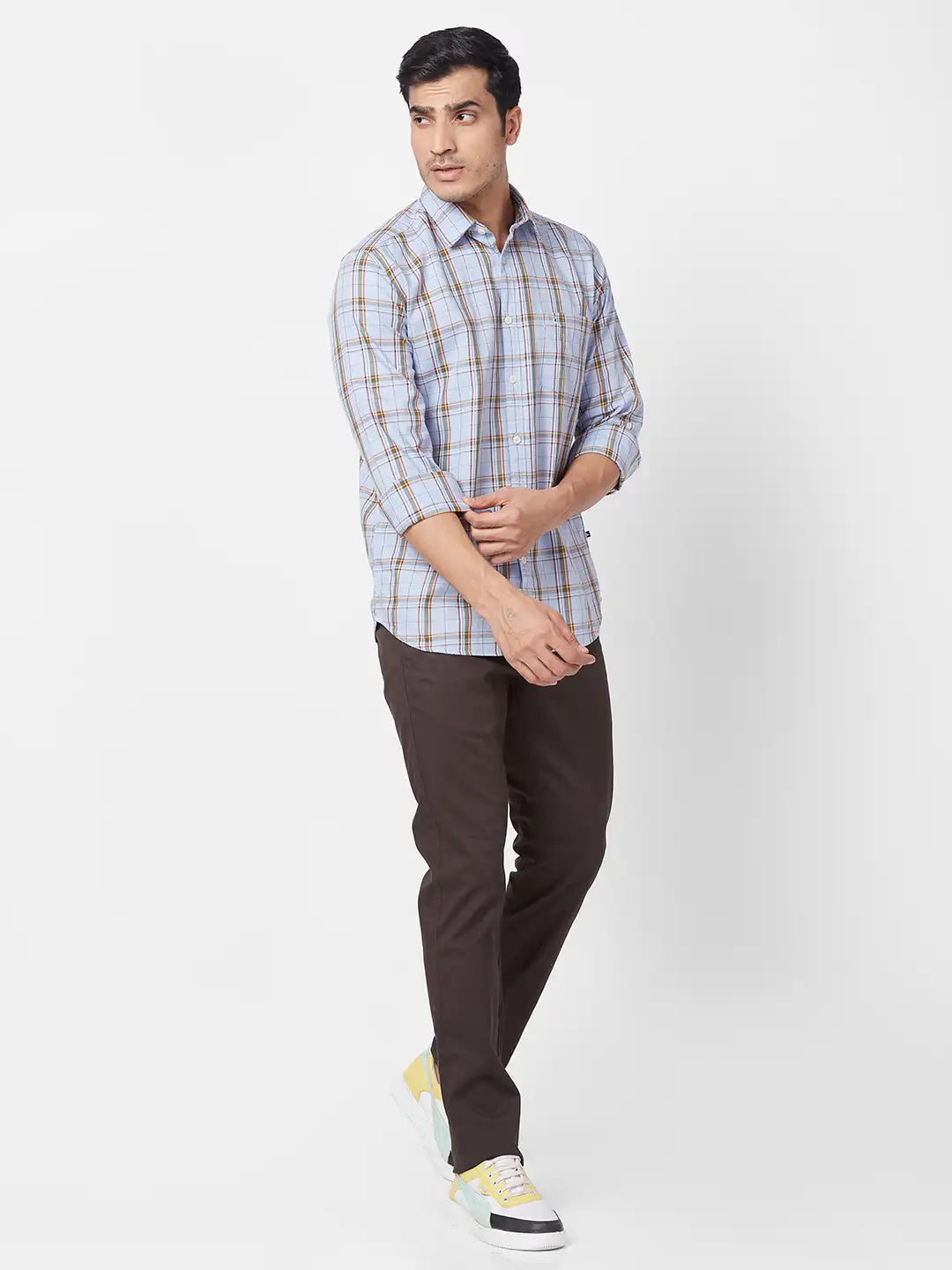 Parx Men Fawn Checks Slim Fit Cotton Full Sleeve Cutaway Collar Shirt