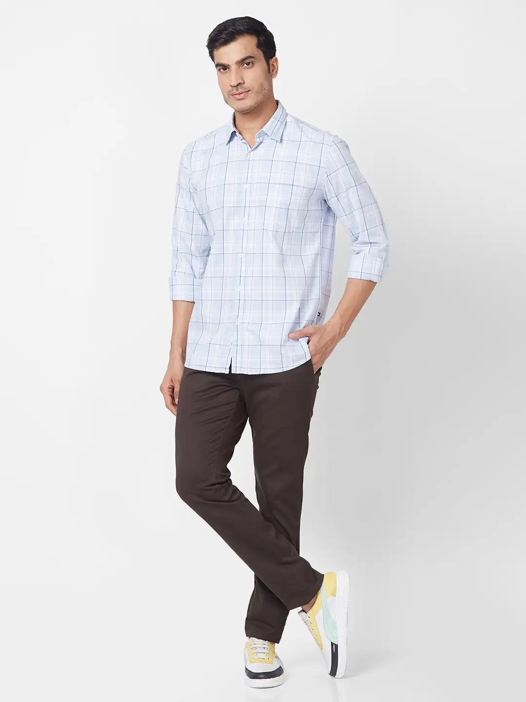 Parx Men Fawn Checks Slim Fit Cotton Full Sleeve Cutaway Collar Shirt