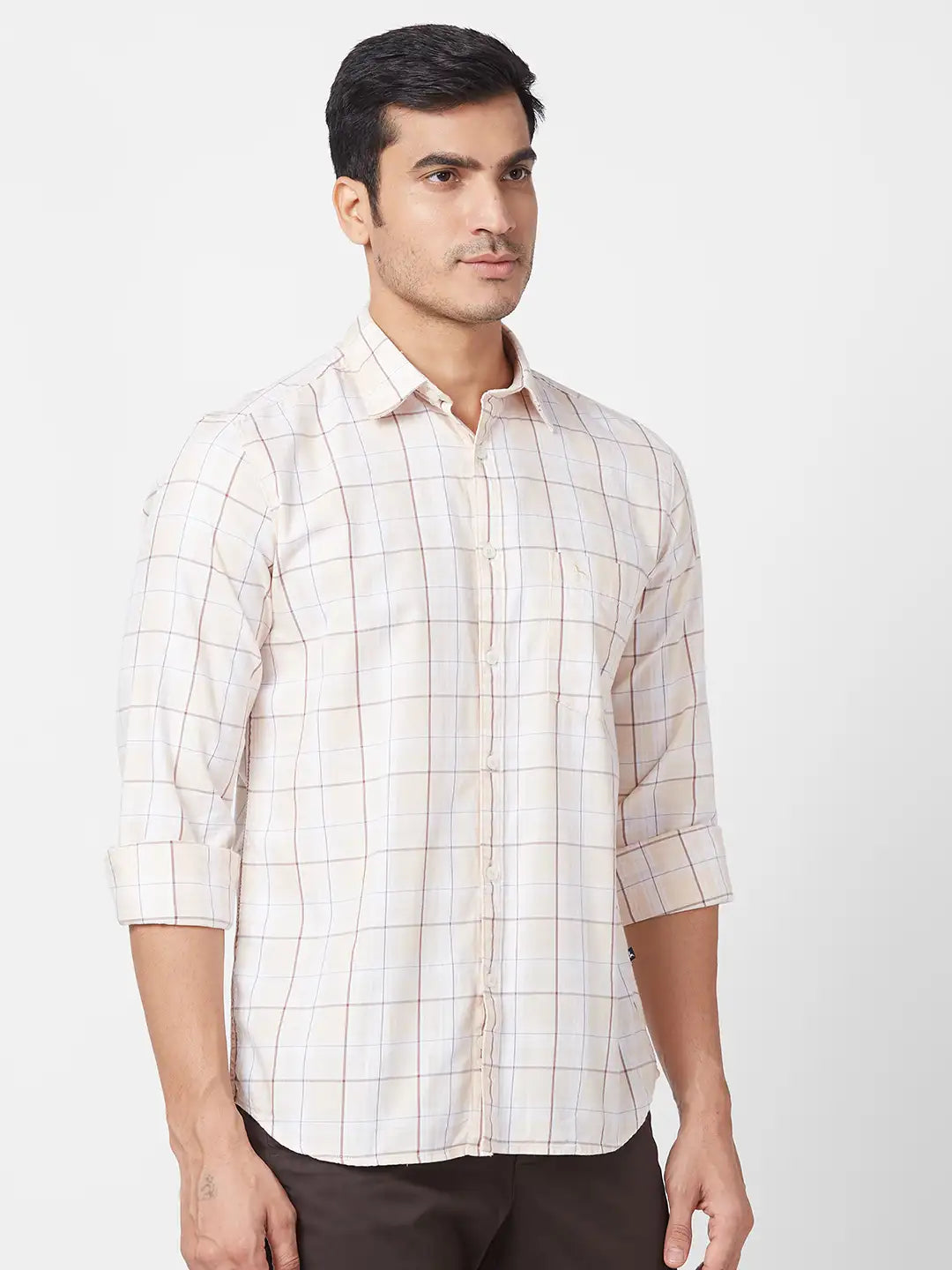 Parx Men Red Checks Slim Fit Cotton Blend Full Sleeve Cutaway Collar Shirt