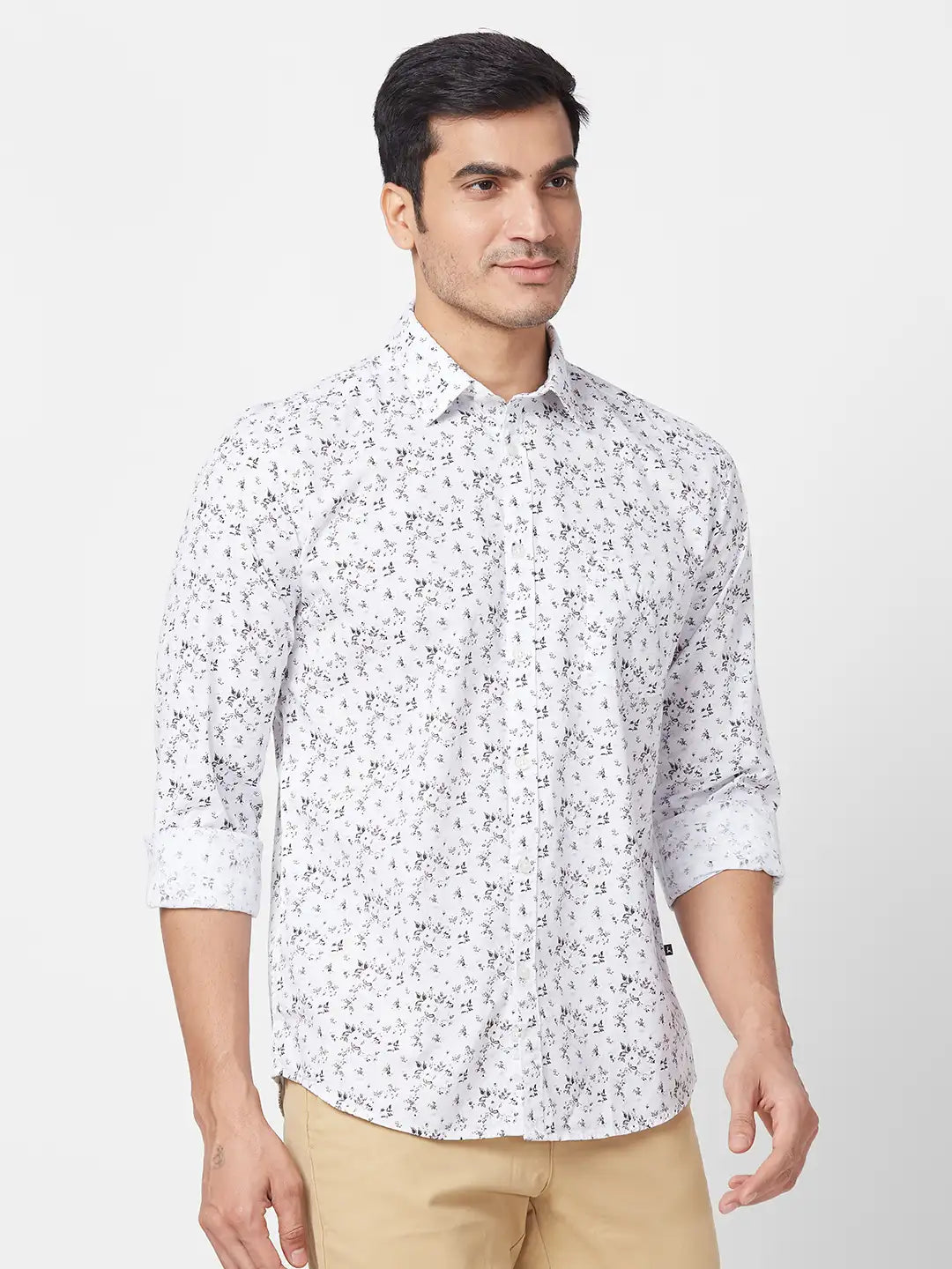 Parx Men White Print Slim Fit Cotton Full Sleeve Cutaway Collar Shirt