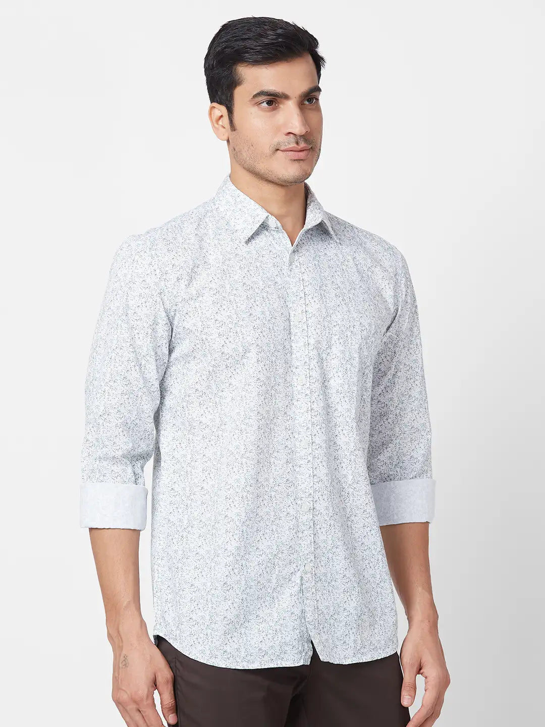 Parx Men Yellow Print Slim Fit Cotton Full Sleeve Cutaway Collar Shirt