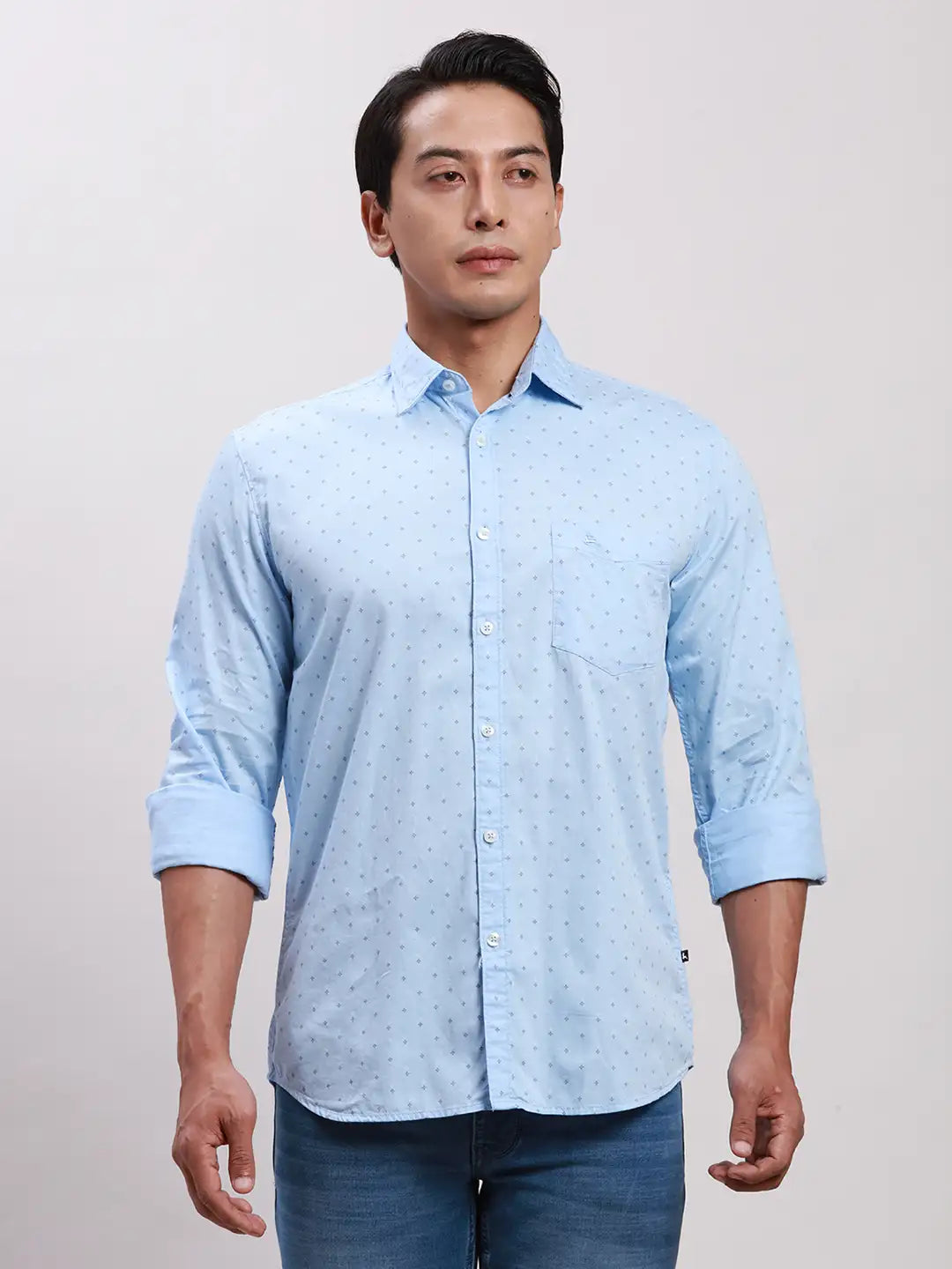 Parx Men Grey Slim Fit Printed Cotton Full Sleeve Cut Away Shirt
