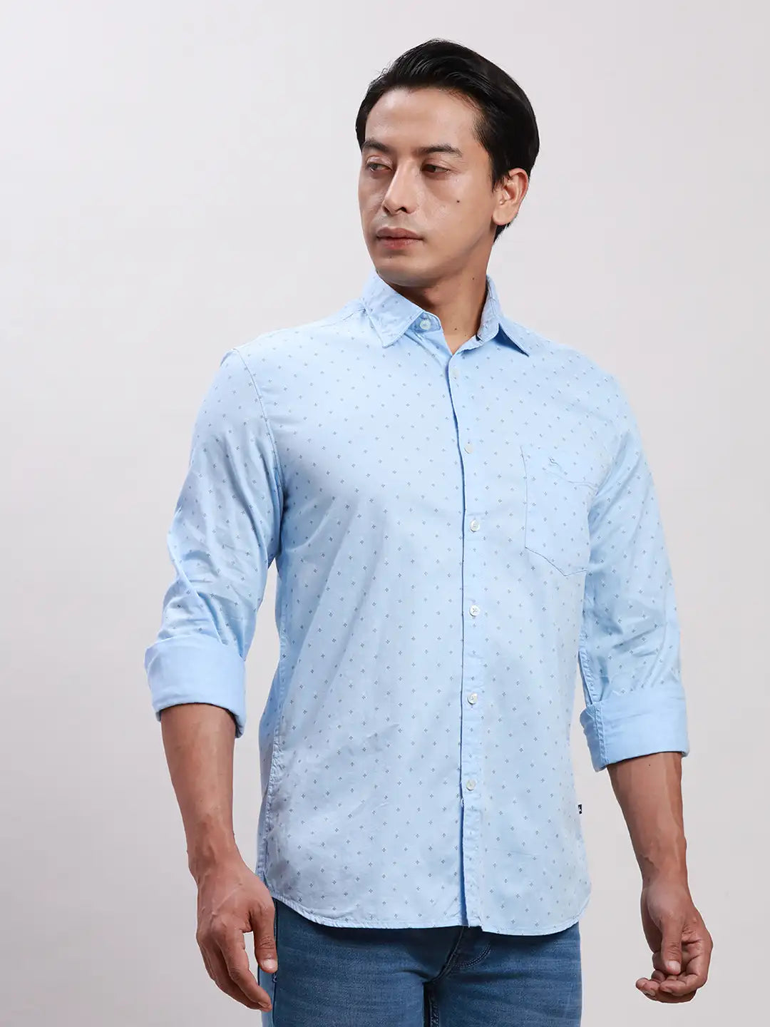 Parx Men Grey Slim Fit Printed Cotton Full Sleeve Cut Away Shirt