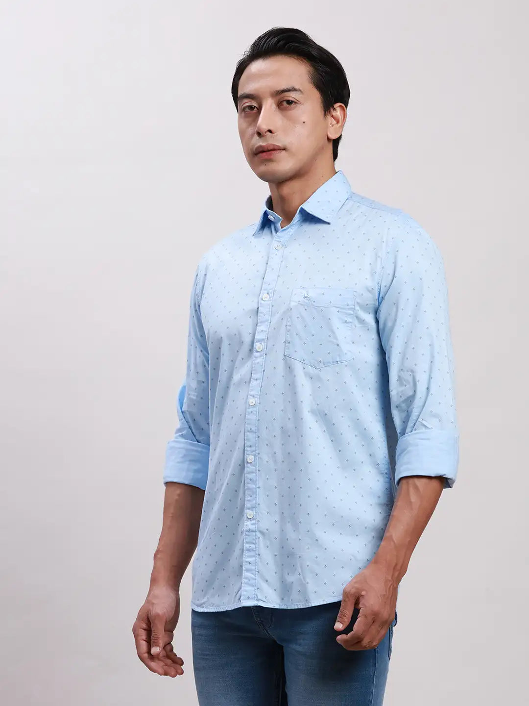 Parx Men Grey Slim Fit Printed Cotton Full Sleeve Cut Away Shirt
