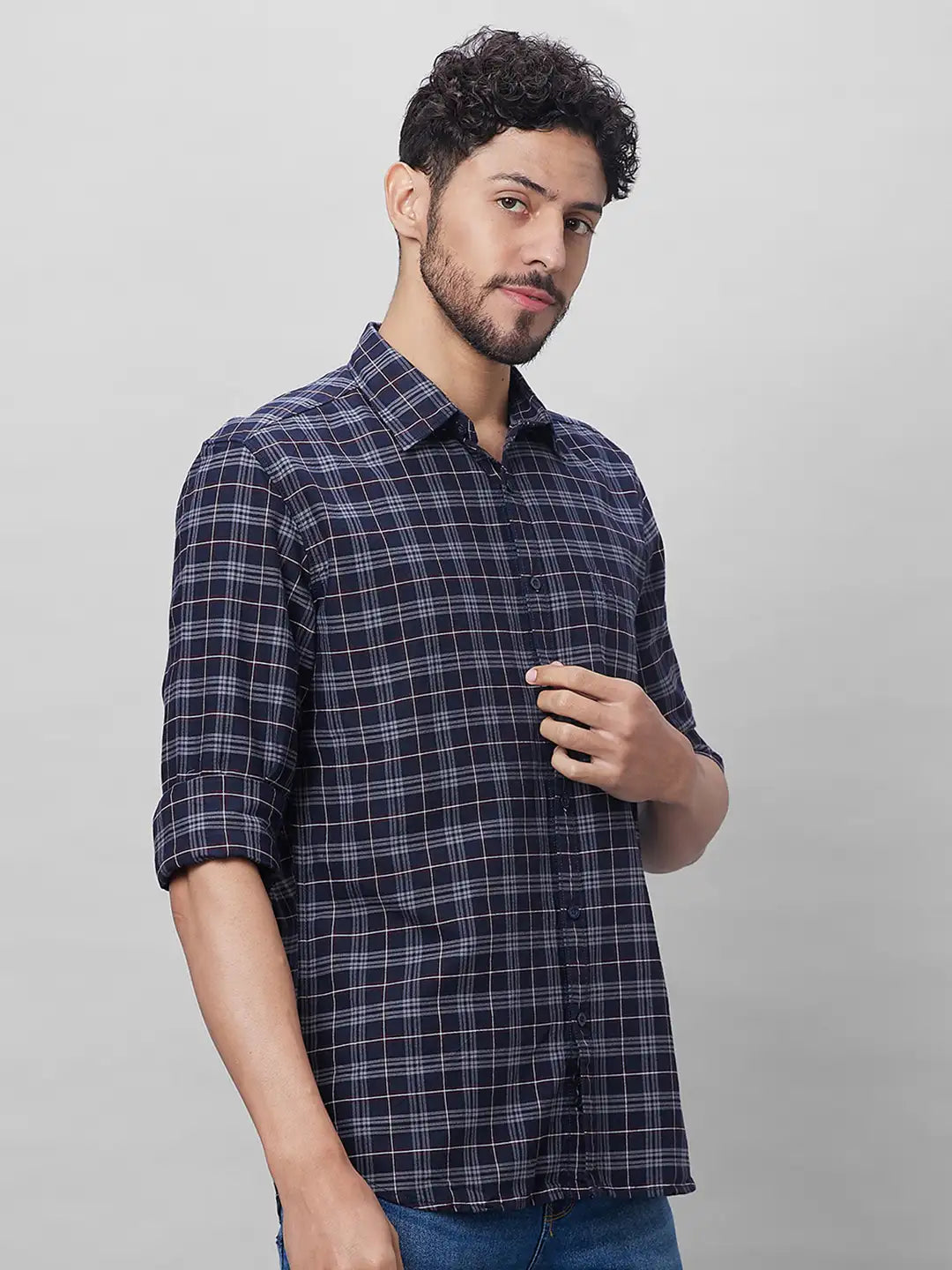Parx Men Grey Checks Slim Fit Cotton Full Sleeve Shirts