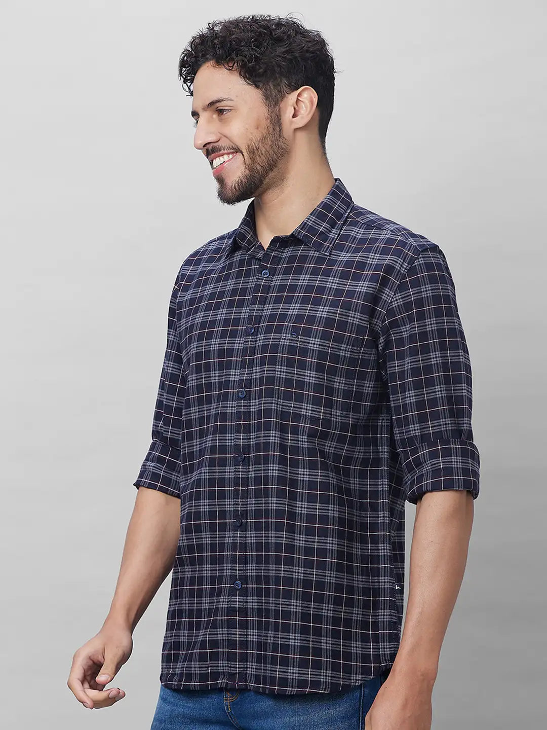 Parx Men Grey Checks Slim Fit Cotton Full Sleeve Shirts