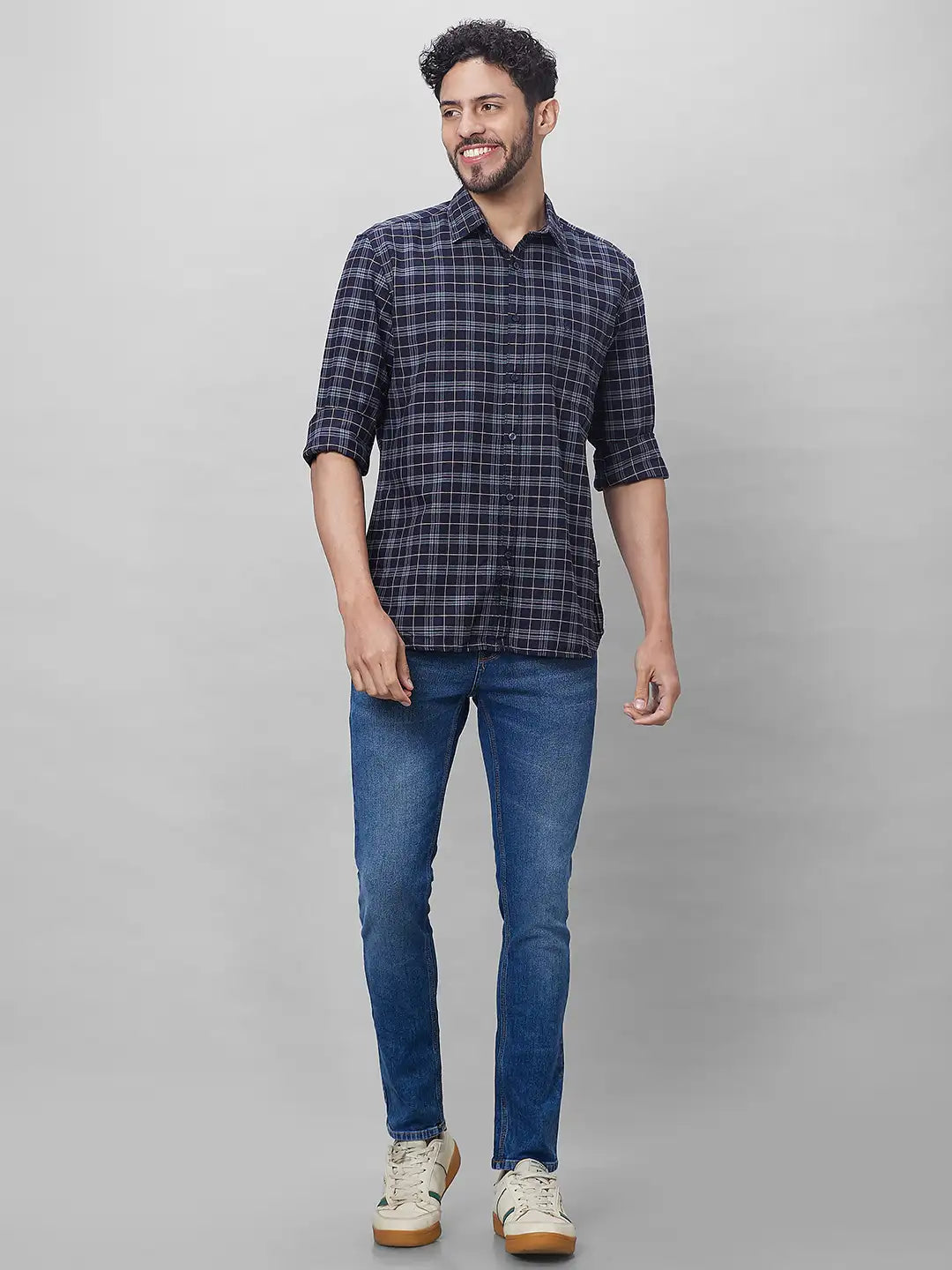 Parx Men Grey Checks Slim Fit Cotton Full Sleeve Shirts
