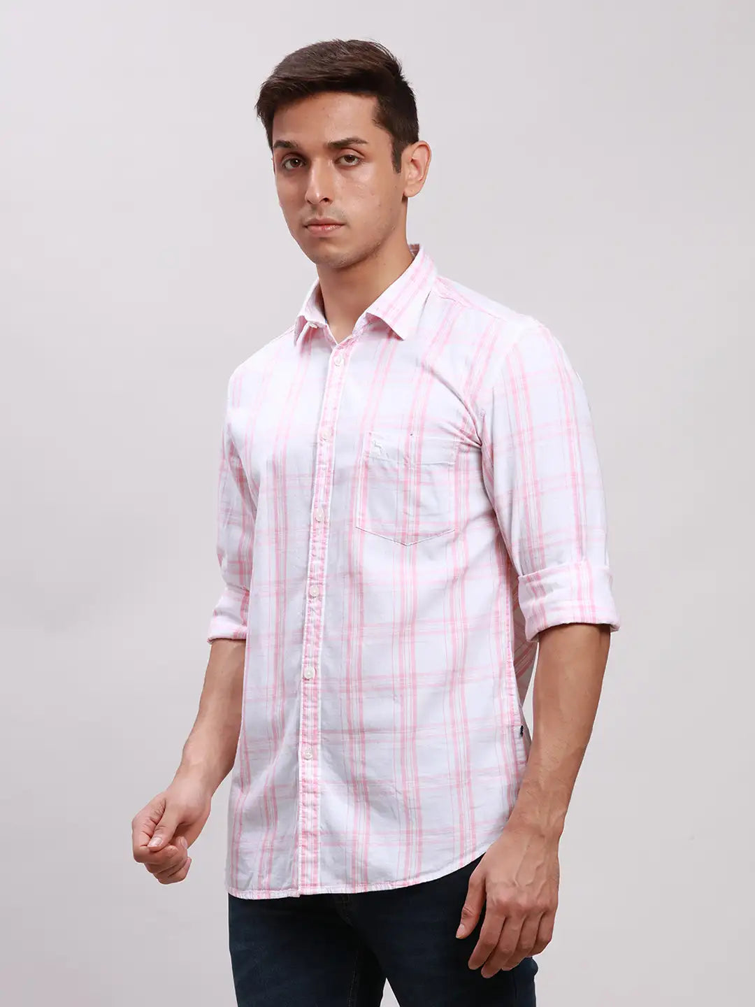 Parx Men Red Slim Fit Checkered Cotton Full Sleeve Cut Away Shirt