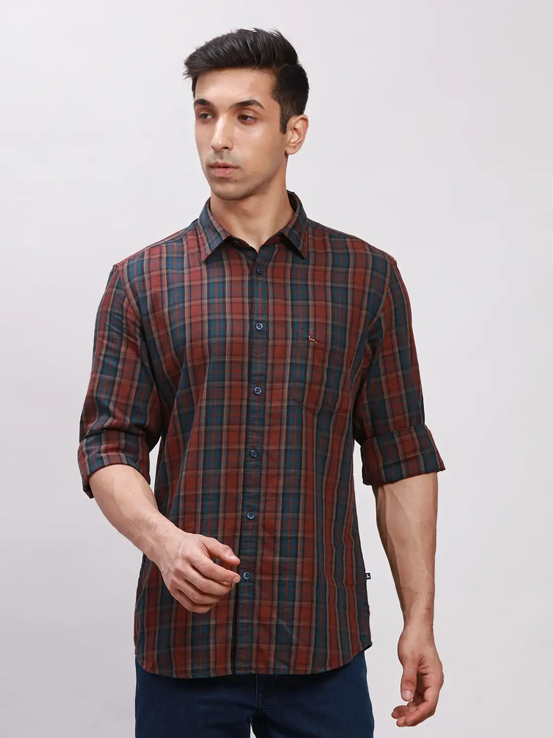 Parx Men Blue Slim Fit Printed Cotton Full Sleeve Cut Away Shirt