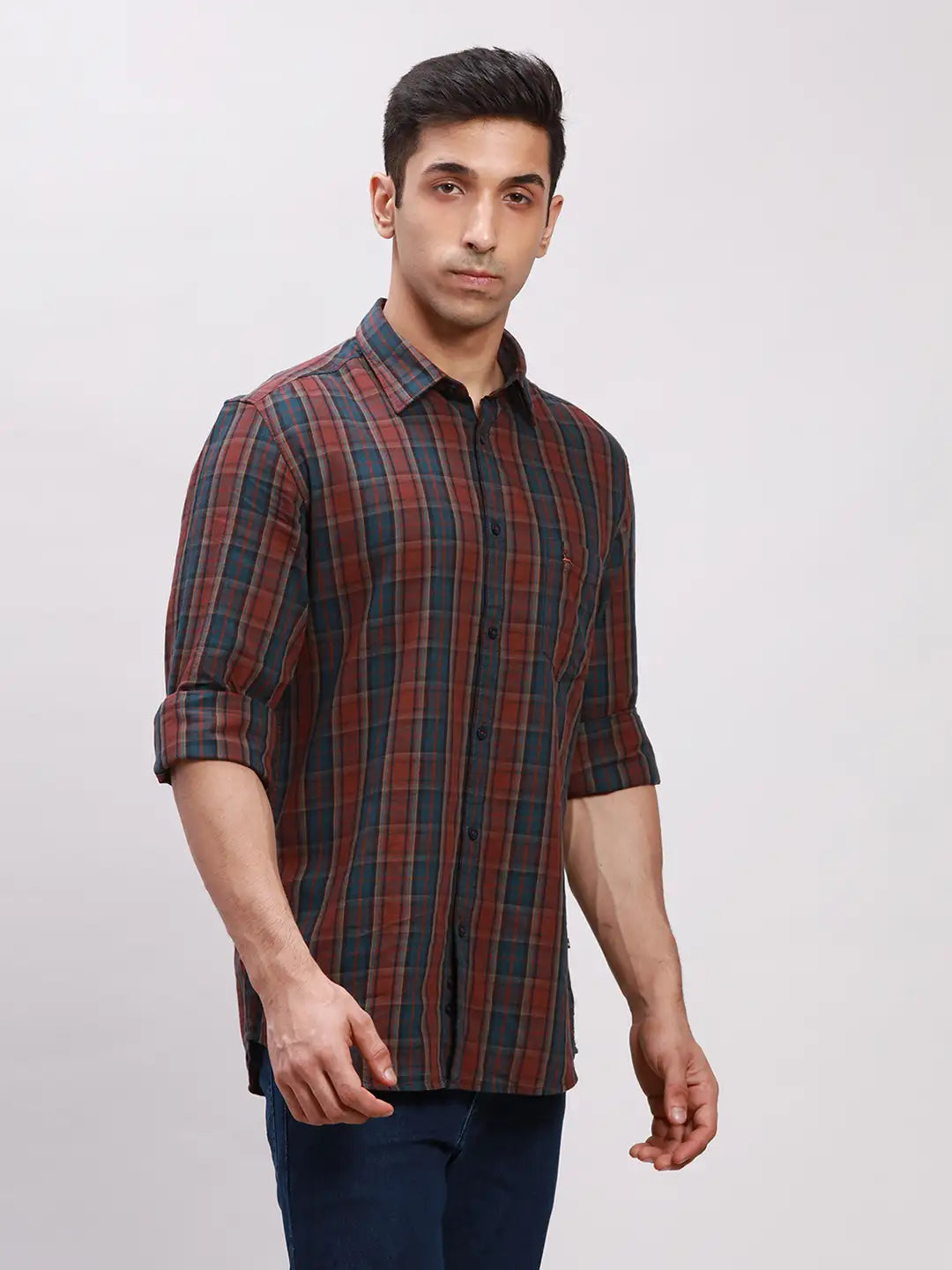 Parx Men Blue Slim Fit Printed Cotton Full Sleeve Cut Away Shirt