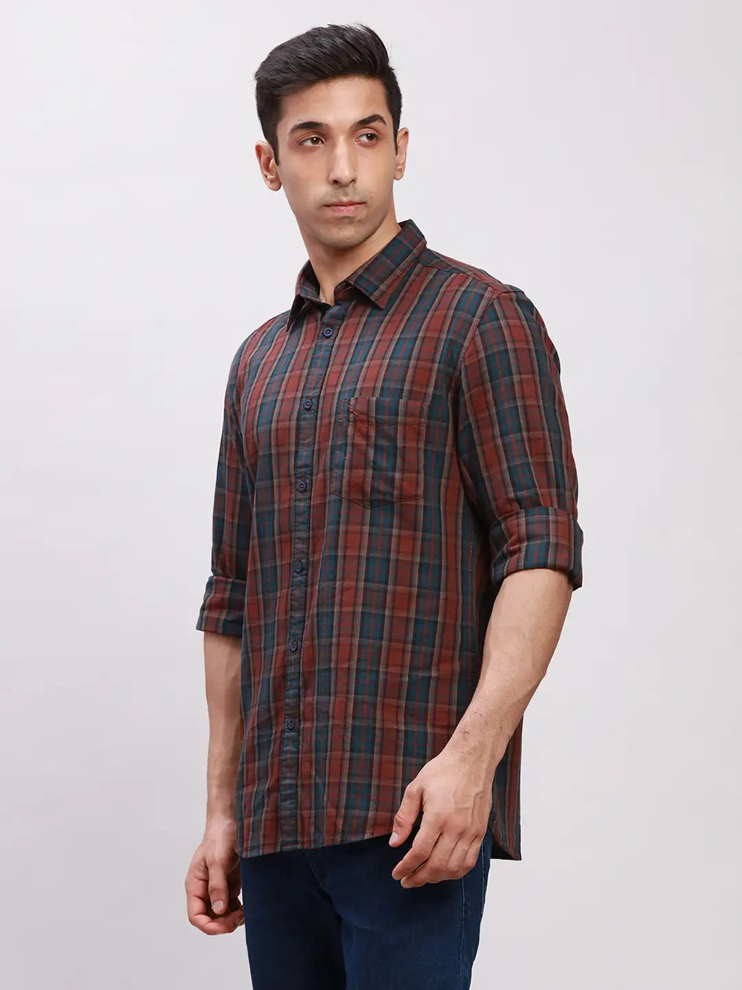 Parx Men Blue Slim Fit Printed Cotton Full Sleeve Cut Away Shirt