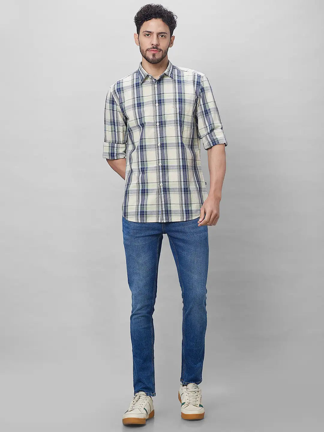 Parx Men Yellow Checks Slim Fit Cotton Full Sleeve Shirts